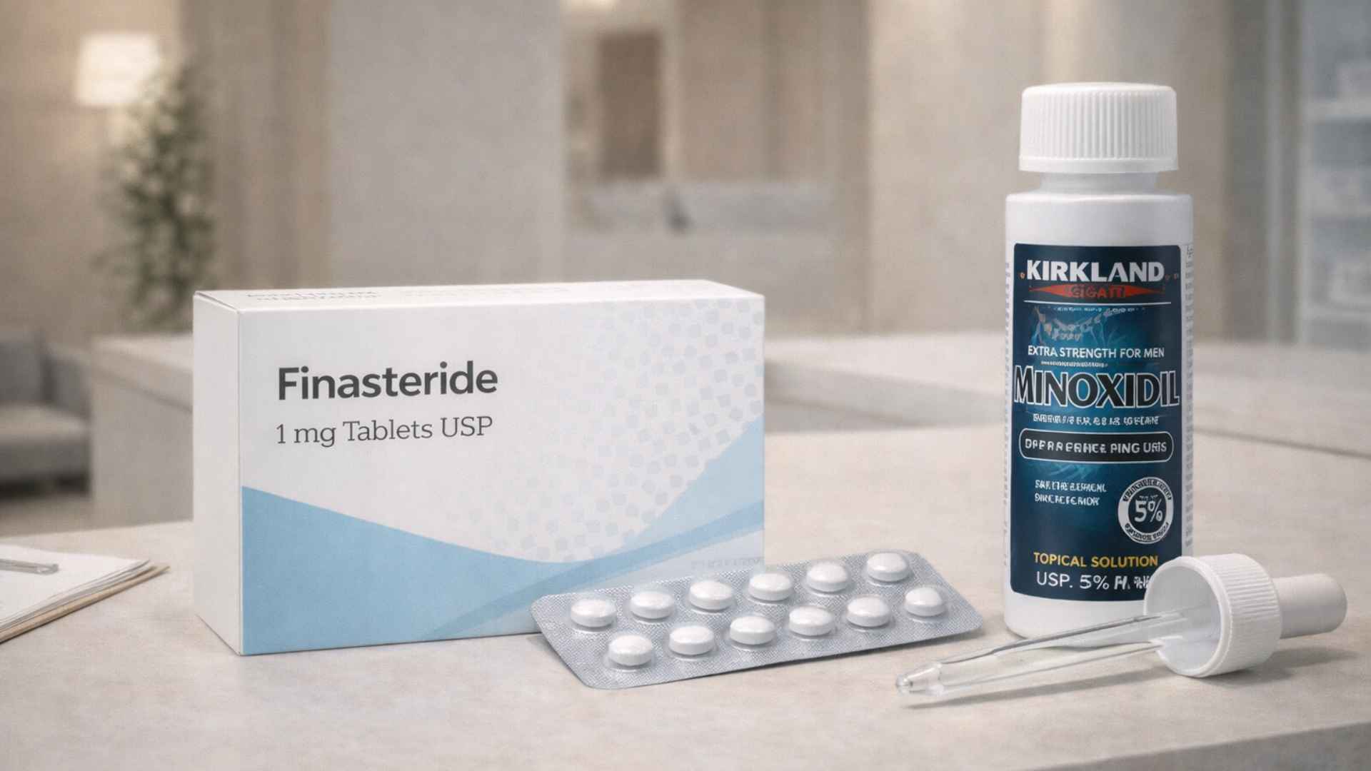 AGA treatment medications finasteride and minoxidil on a clinic desk in Japan