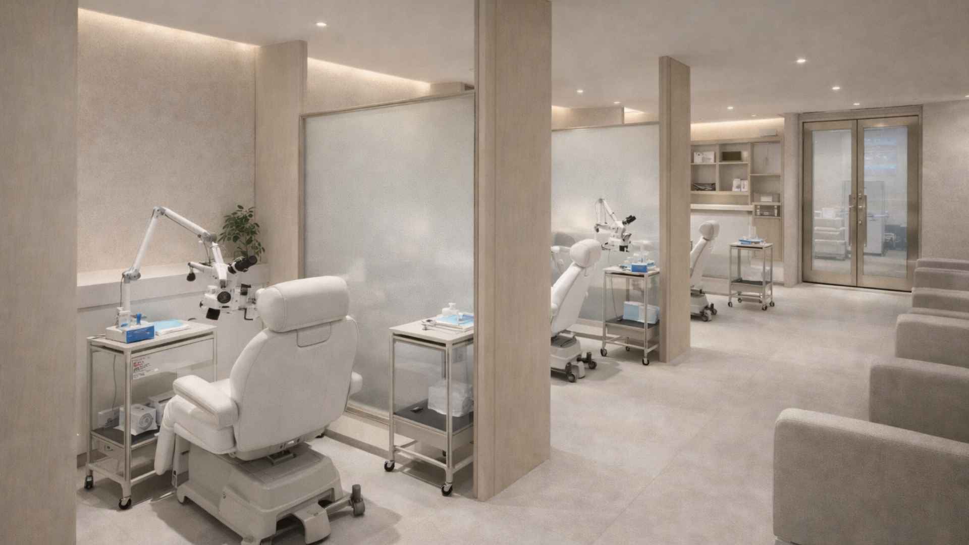 Modern hair restoration clinic interior in Tokyo with private treatment booths