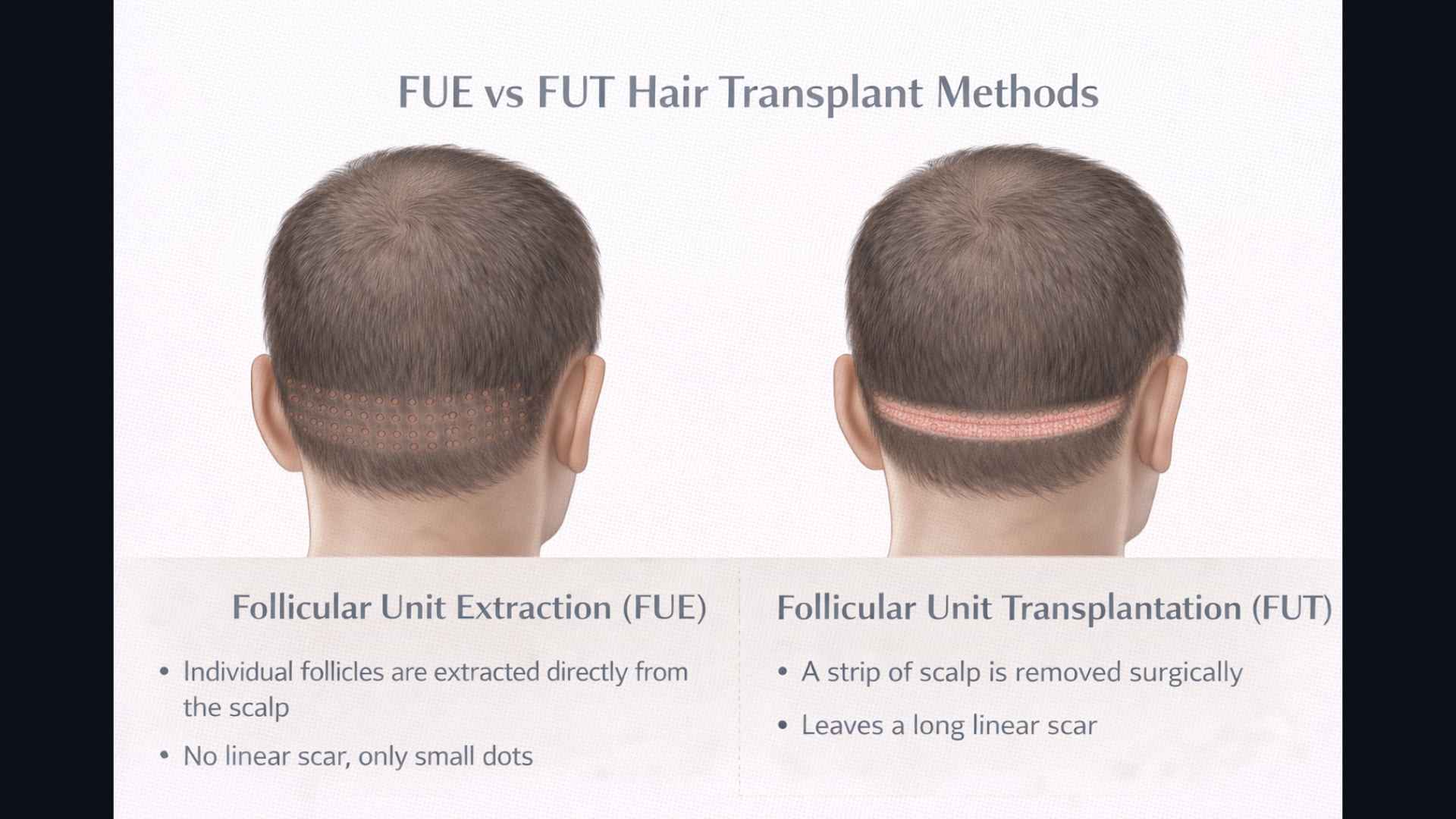 Side-by-side comparison diagram of FUE vs FUT hair transplant methods showing scarring differences