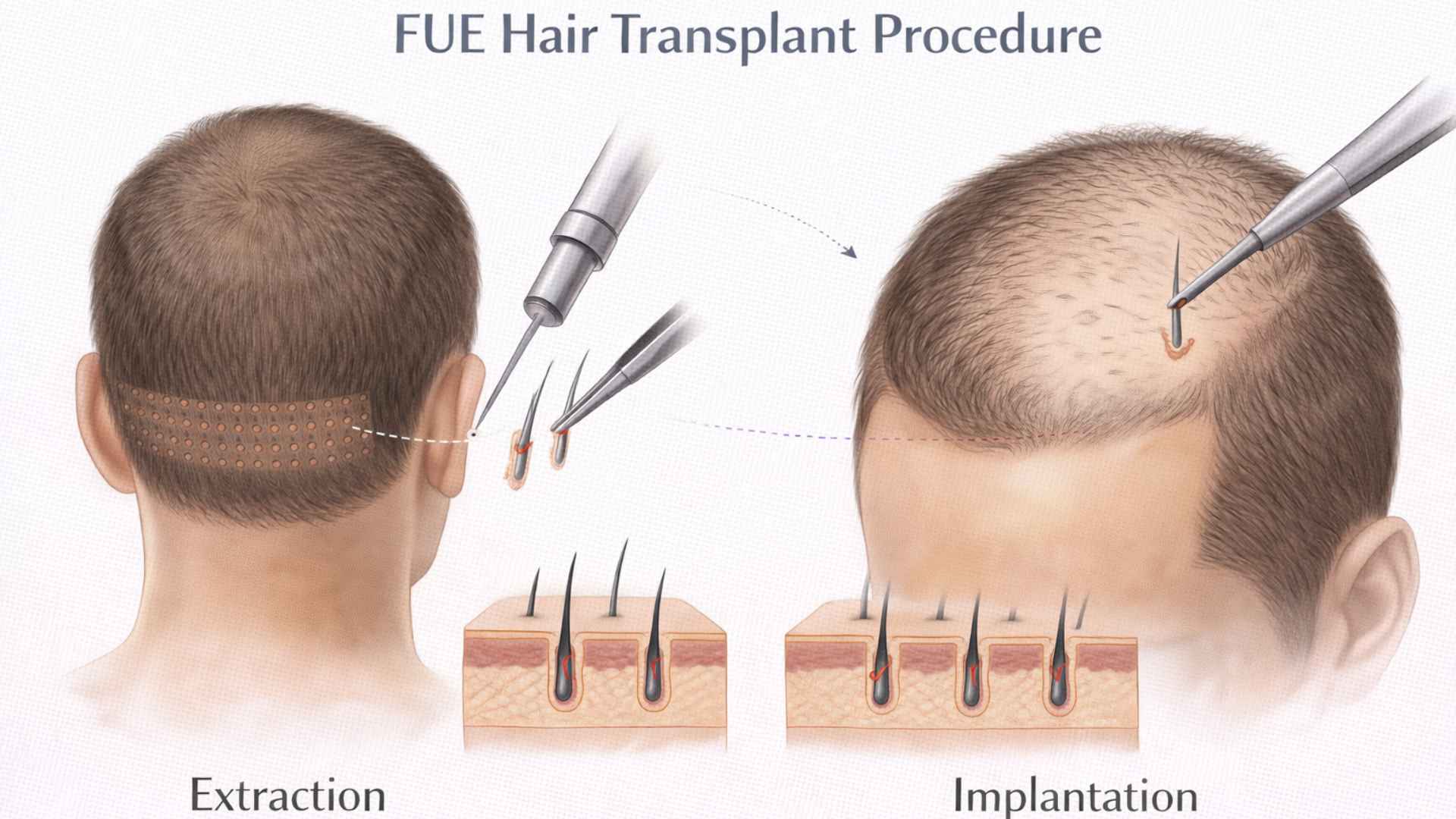 Medical illustration of FUE hair transplant extraction and implantation process