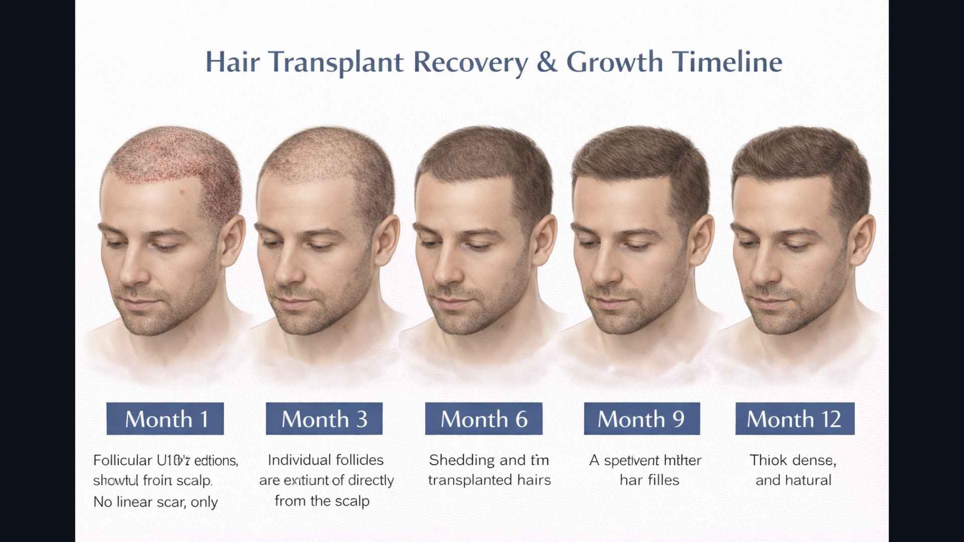 Illustrated hair transplant recovery and growth timeline from month 1 to month 12