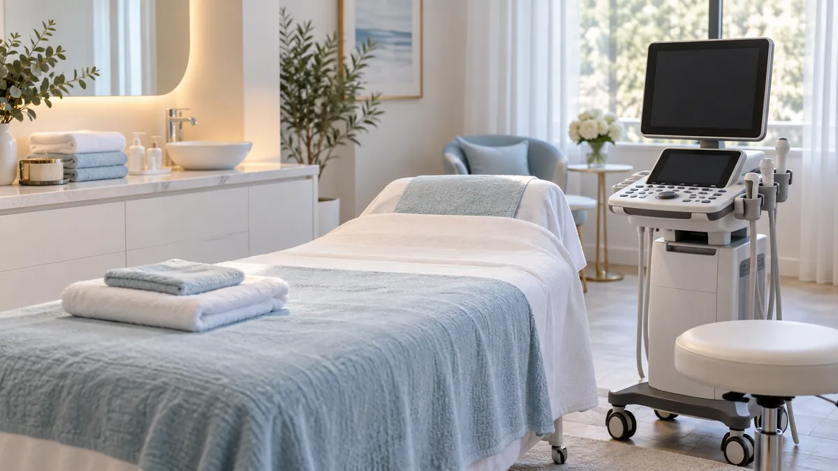 An empty consultation room with a treatment bed and unbranded ultrasound skincare equipment.