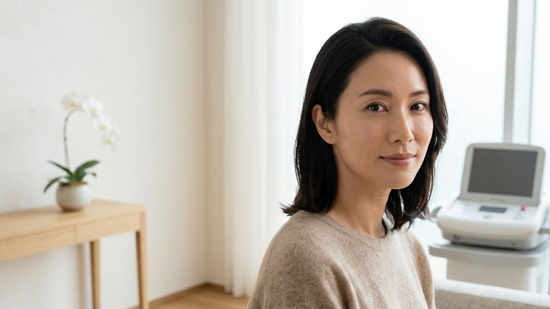 Close-up of a woman's smooth, lifted jawline after HIFU treatment — a bright, modern Tokyo aesthetic clinic in soft-focus background