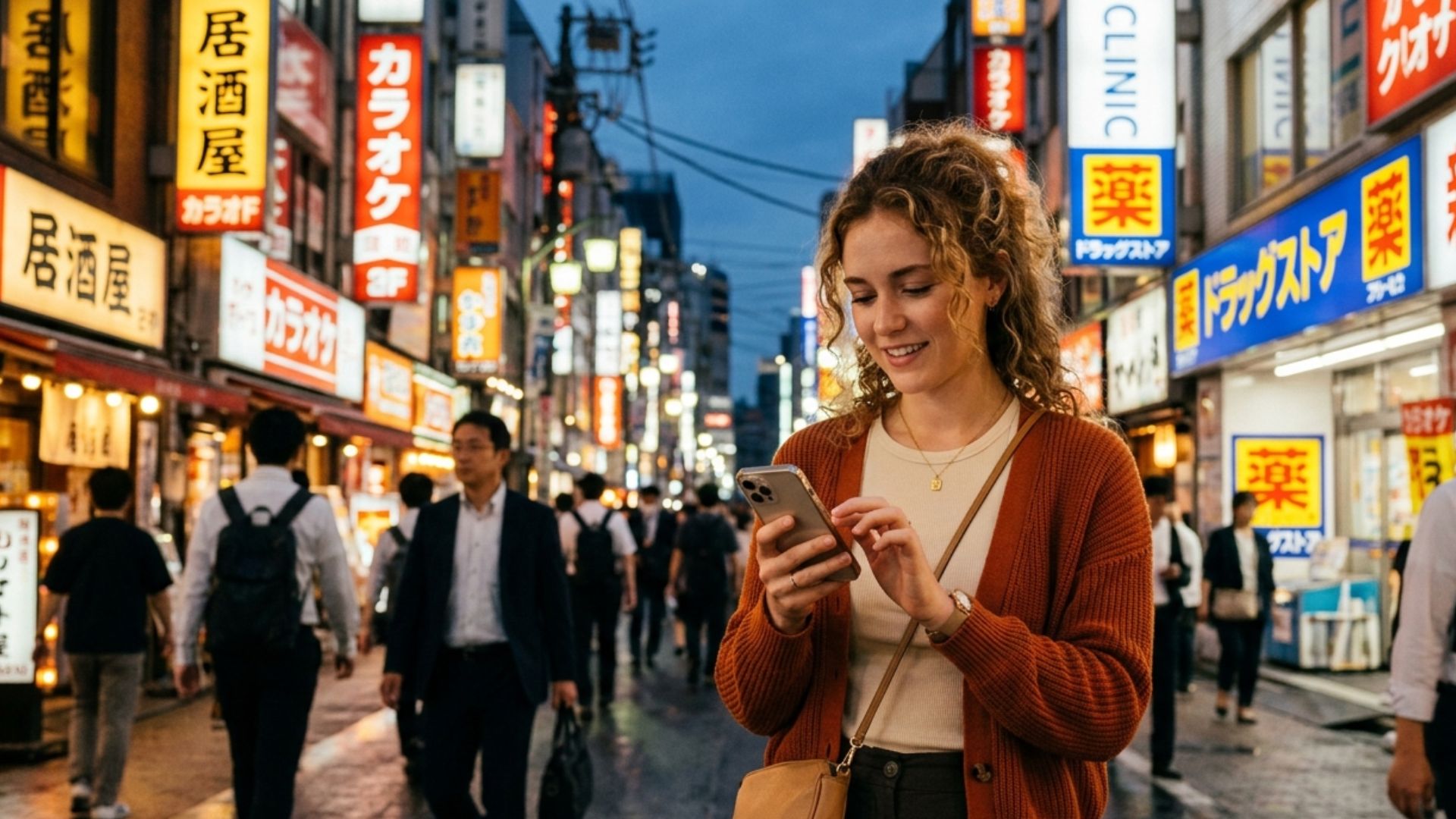 Foreign patient using smartphone to book a cosmetic clinic appointment in Tokyo, modern city background