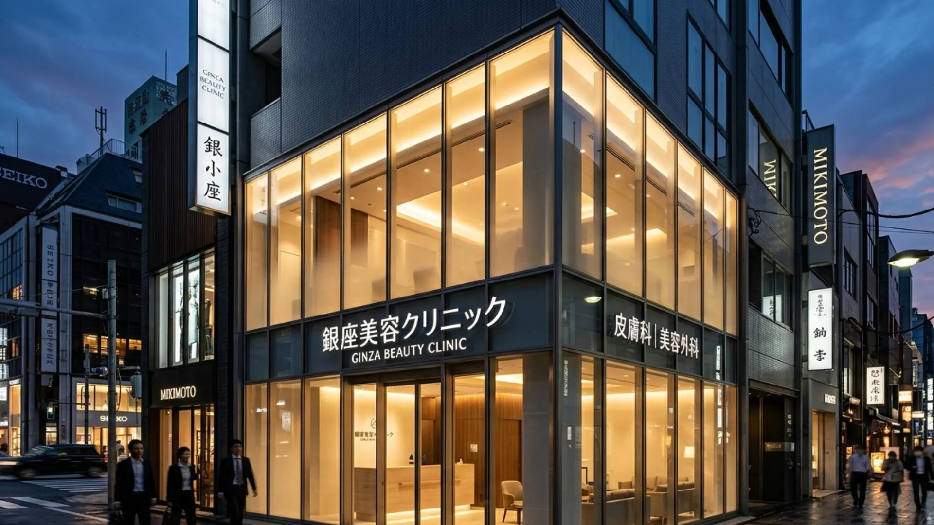 Modern Tokyo cosmetic clinic exterior with glass facade and Japanese signage at dusk