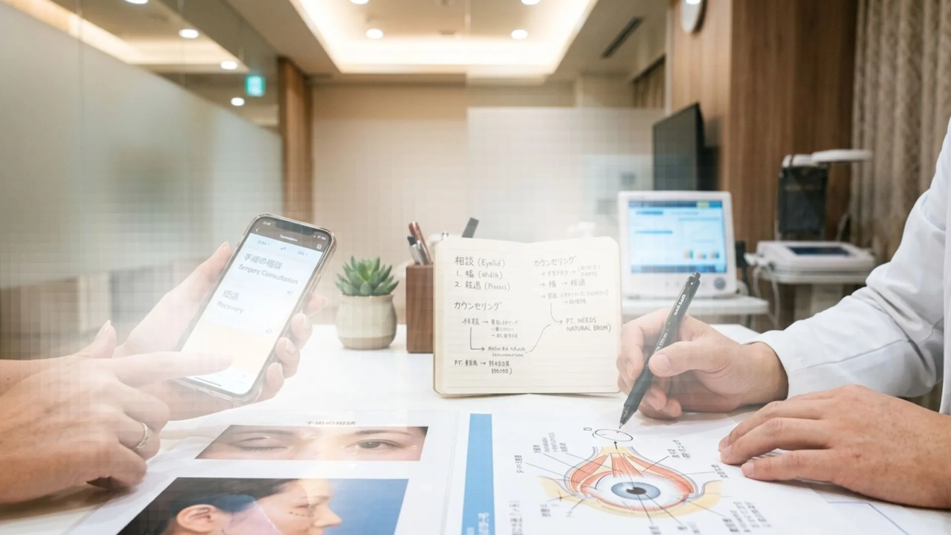 Foreign patient and Japanese doctor communicating with a tablet translator in a modern clinic consultation room