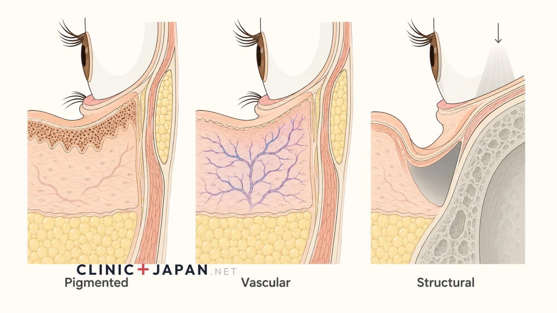 Cross-section illustration of the lower eyelid comparing pigmented, vascular and structural causes of under-eye darkness