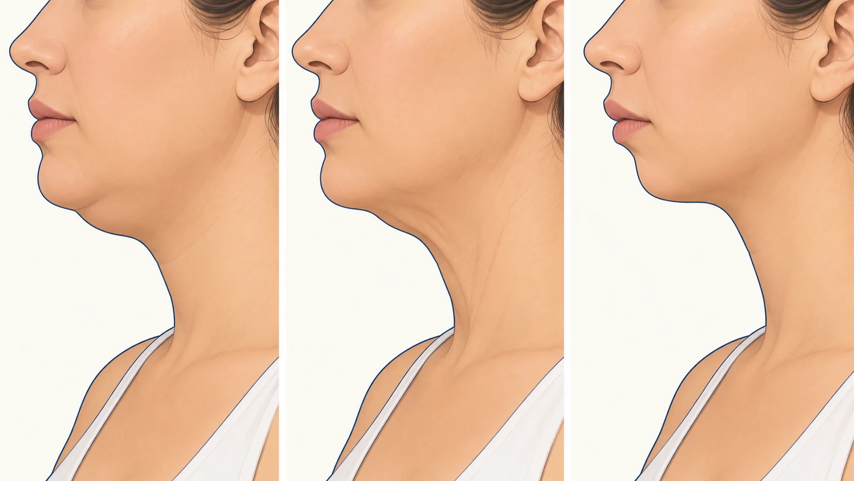 Three side-profile illustrations of the lower face and neck comparing a double chin caused by fat under the chin, by loose skin and neck bands, and by a short, set-back chin