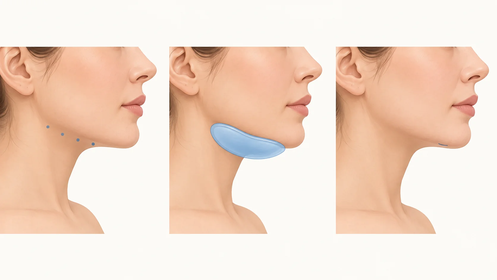 Side-profile illustration comparing three ways to reduce fat under the chin: a series of small injections, a cooling applicator, and liposuction through a tiny incision under the chin