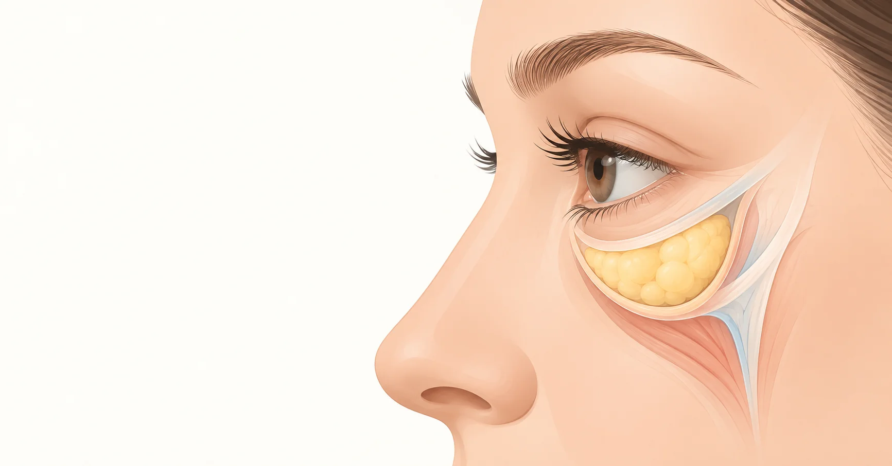 Side-profile illustration of the lower eyelid showing a soft bulge of fat pushing forward beneath the eye, on an off-white background
