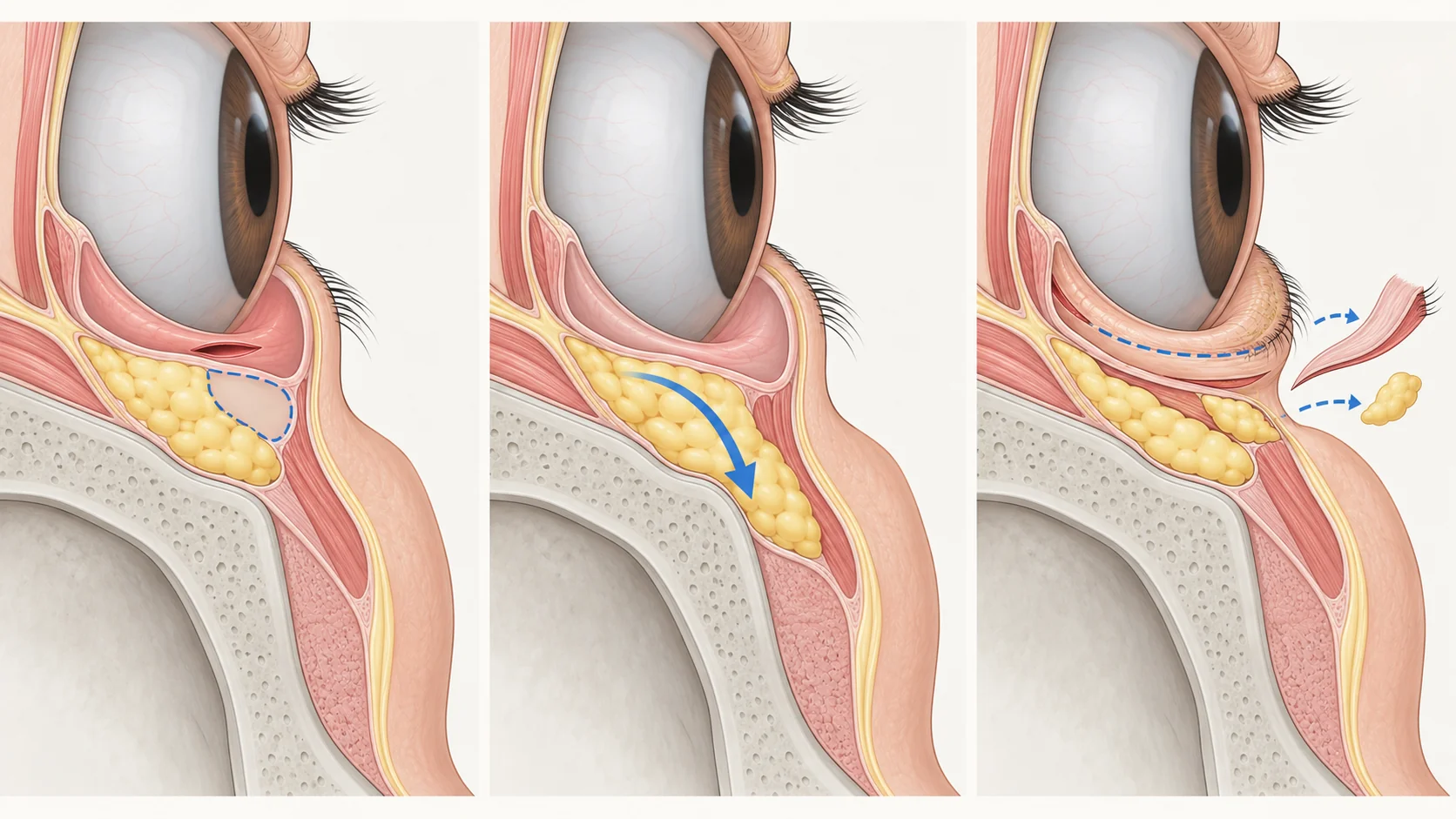 Cross-section diagram of the lower eyelid comparing three operations: fat removed through a small cut inside the eyelid, fat moved down into the tear trough, and a cut under the lashes that also removes loose skin