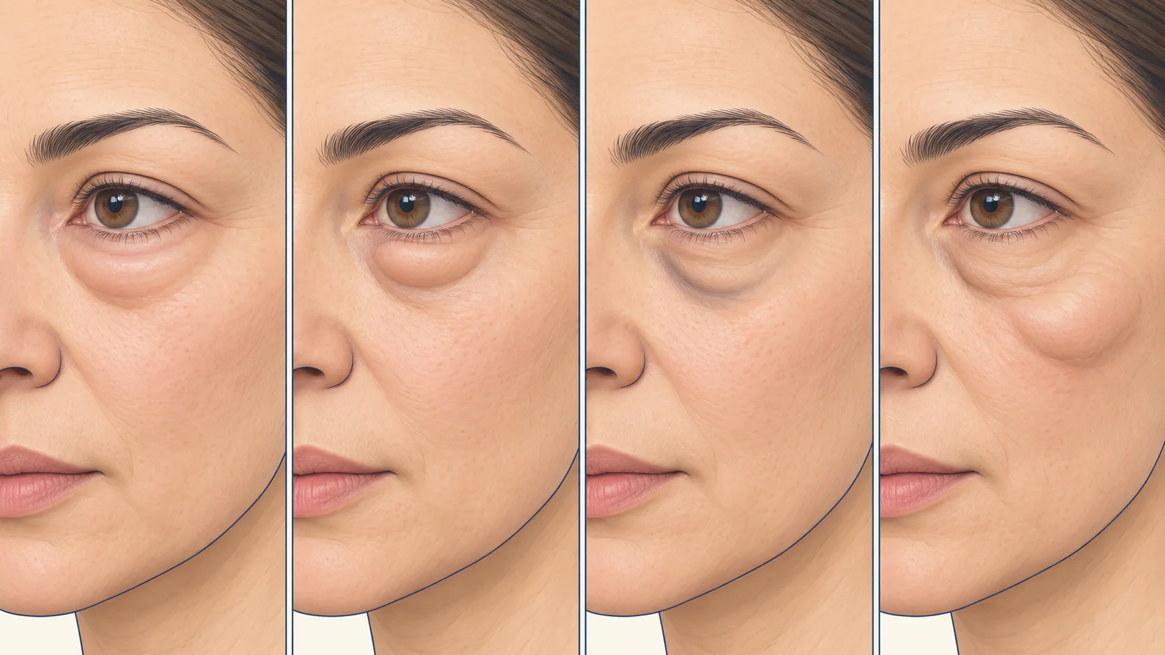Four side-by-side illustrations of the lower eyelid area: morning fluid puffiness, a rounded fat bag under the lashes, a tear trough hollow along the bone, and festoons sitting lower on the cheekbone
