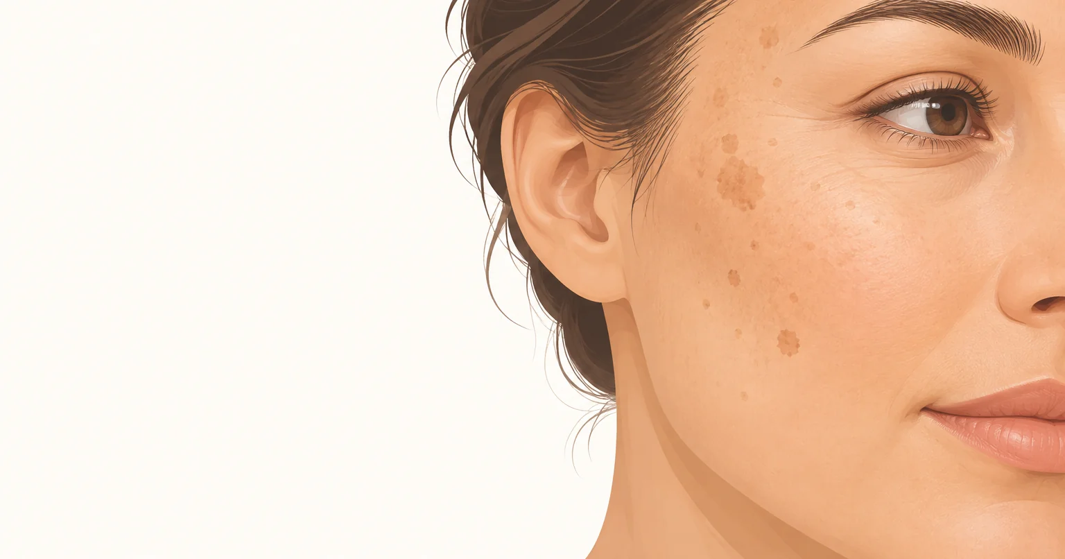 Illustration of skin in soft light with a few scattered brown spots of different sizes and depths, on an off-white background