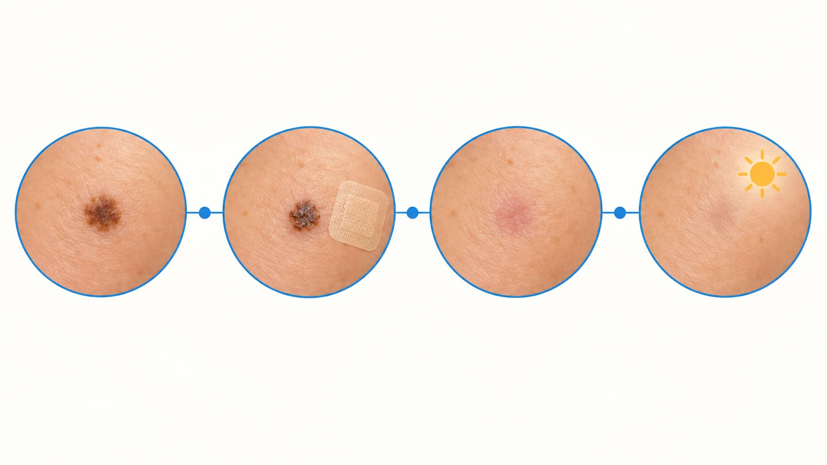 Timeline illustration of a single dark spot after laser treatment: treatment day, the spot darkening into a thin crust within the first week, the crust coming off at about ten days leaving pink skin, and the skin settling over the following months with daily sunscreen