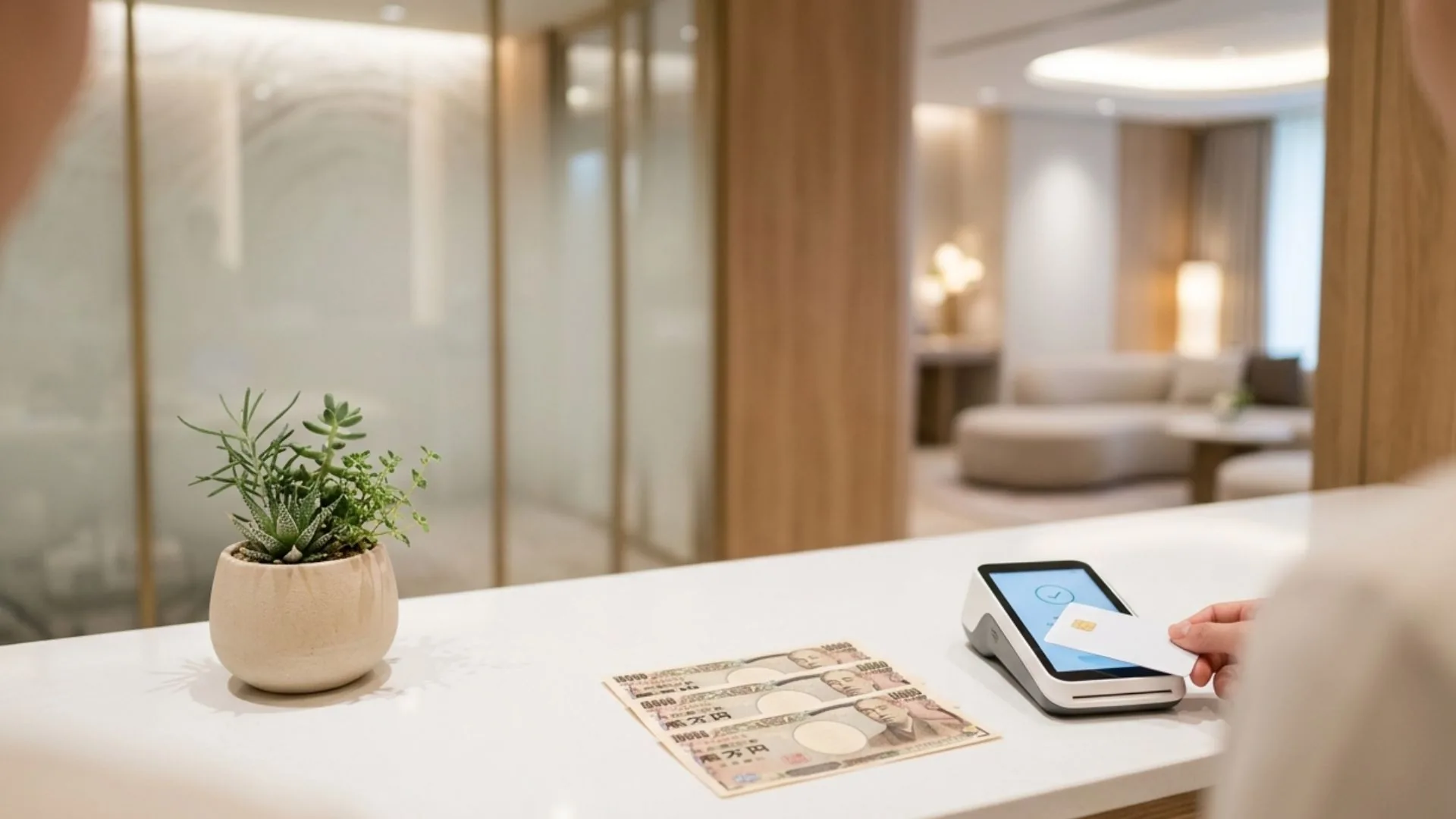 Japanese yen banknotes and credit cards on a modern clinic reception counter