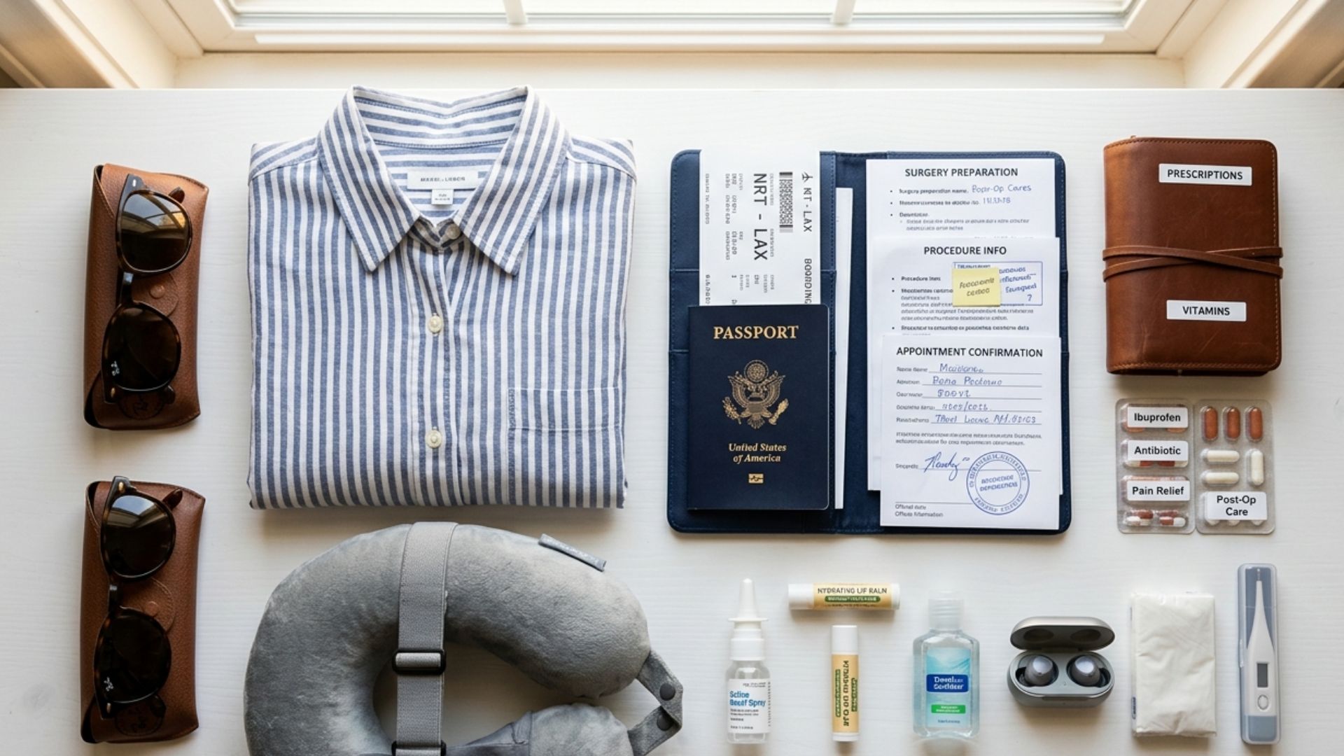 Neatly packed travel bag with passport, medical documents, and comfort items for cosmetic surgery trip to Japan