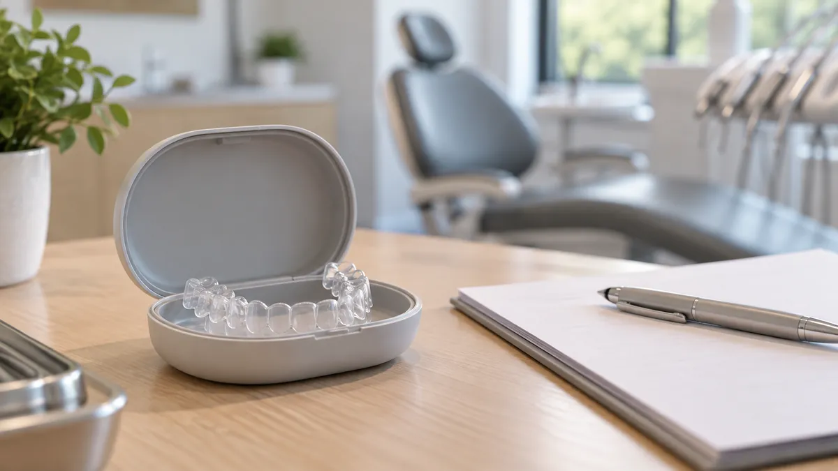 A clear dental aligner in an open case beside an unprinted treatment folder.