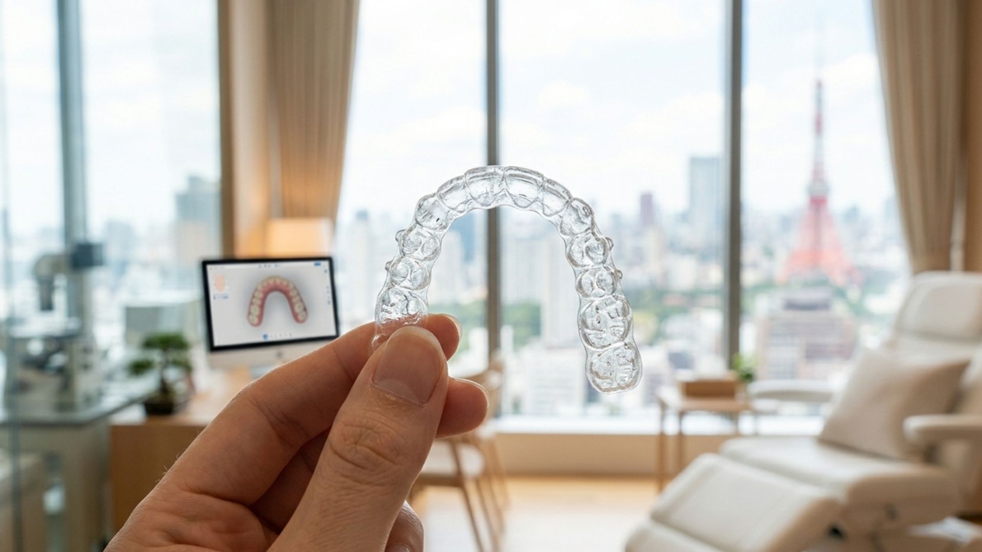 Close-up of a clear Invisalign aligner being held up with a bright Tokyo dental clinic in the soft-focus background