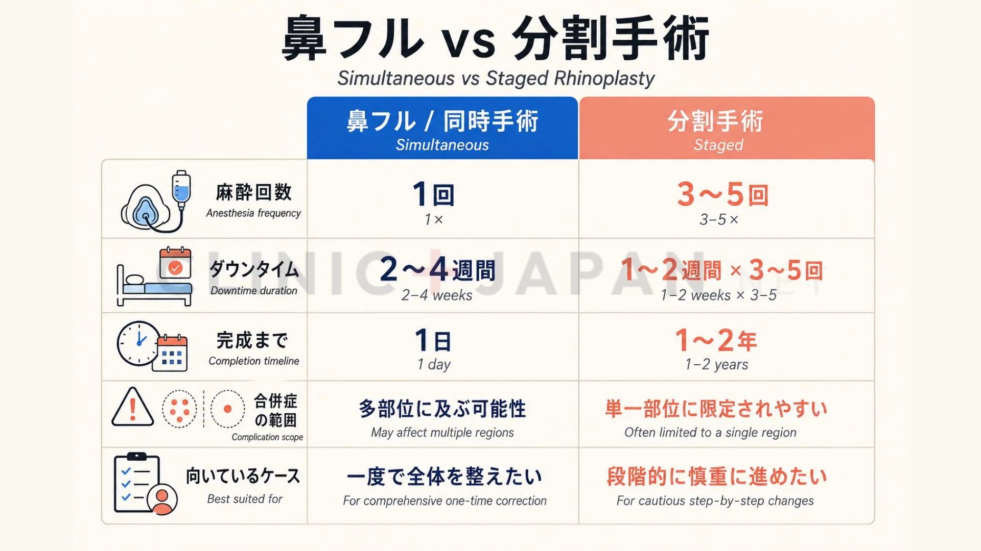 同時手術と分割手術の比較 — 麻酔回数・ダウンタイム・合併症の影響範囲