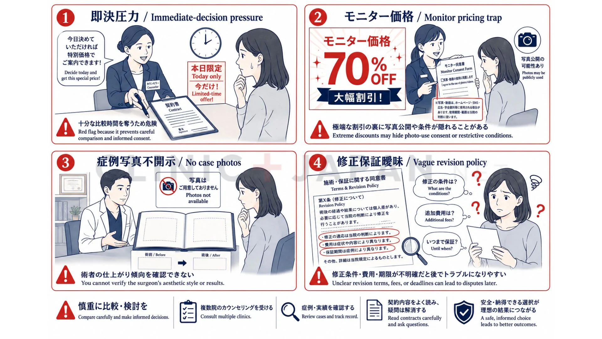鼻整形 避けるべきレッドフラグパターン — 即決圧力・モニター価格・症例写真不開示・修正保証曖昧の警告サイン