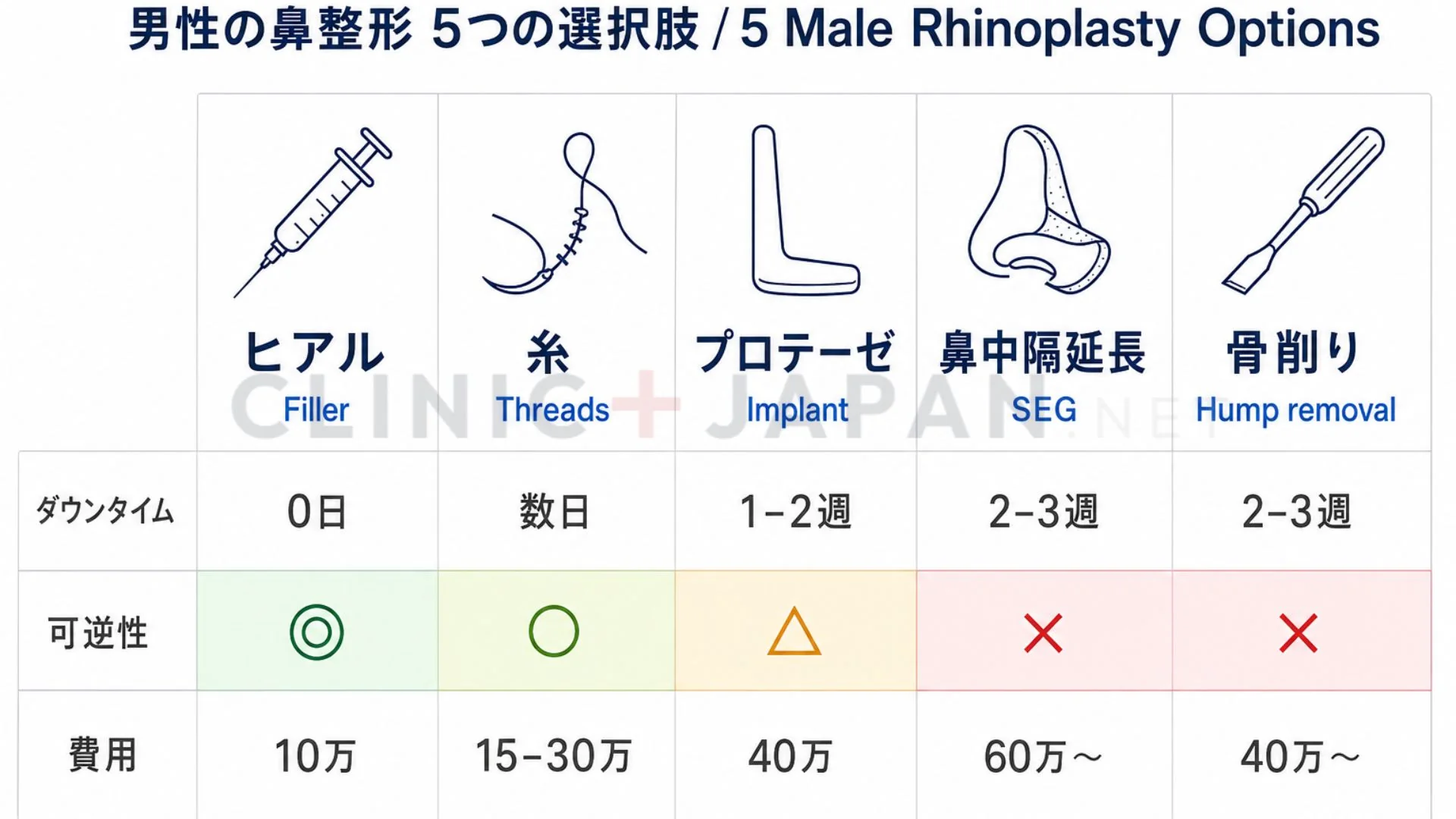 メンズ鼻整形 術式比較 — ヒアル・糸・プロテーゼ・鼻中隔延長の男性向け適応とダウンタイム