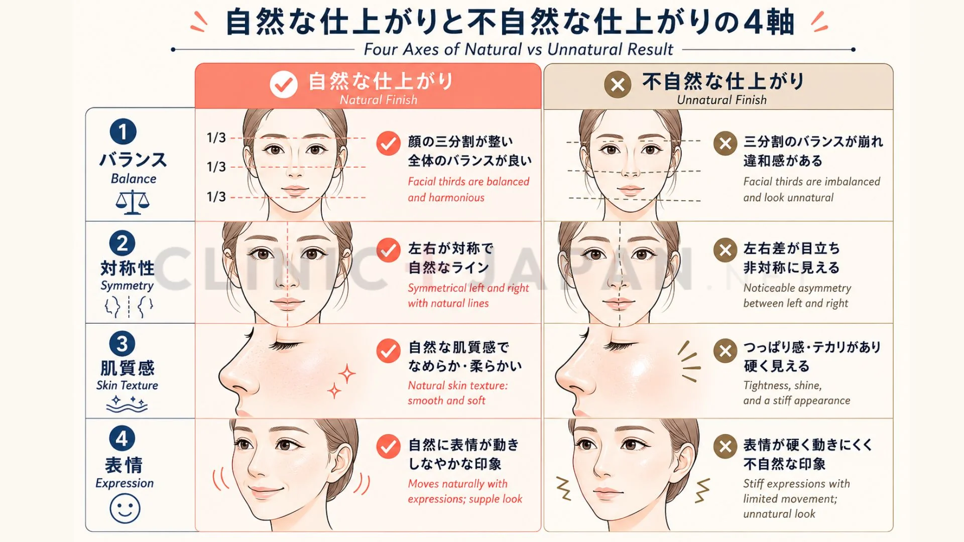 自然な仕上がりと不自然な仕上がりの4軸比較 — バランス・対称性・肌質・表情
