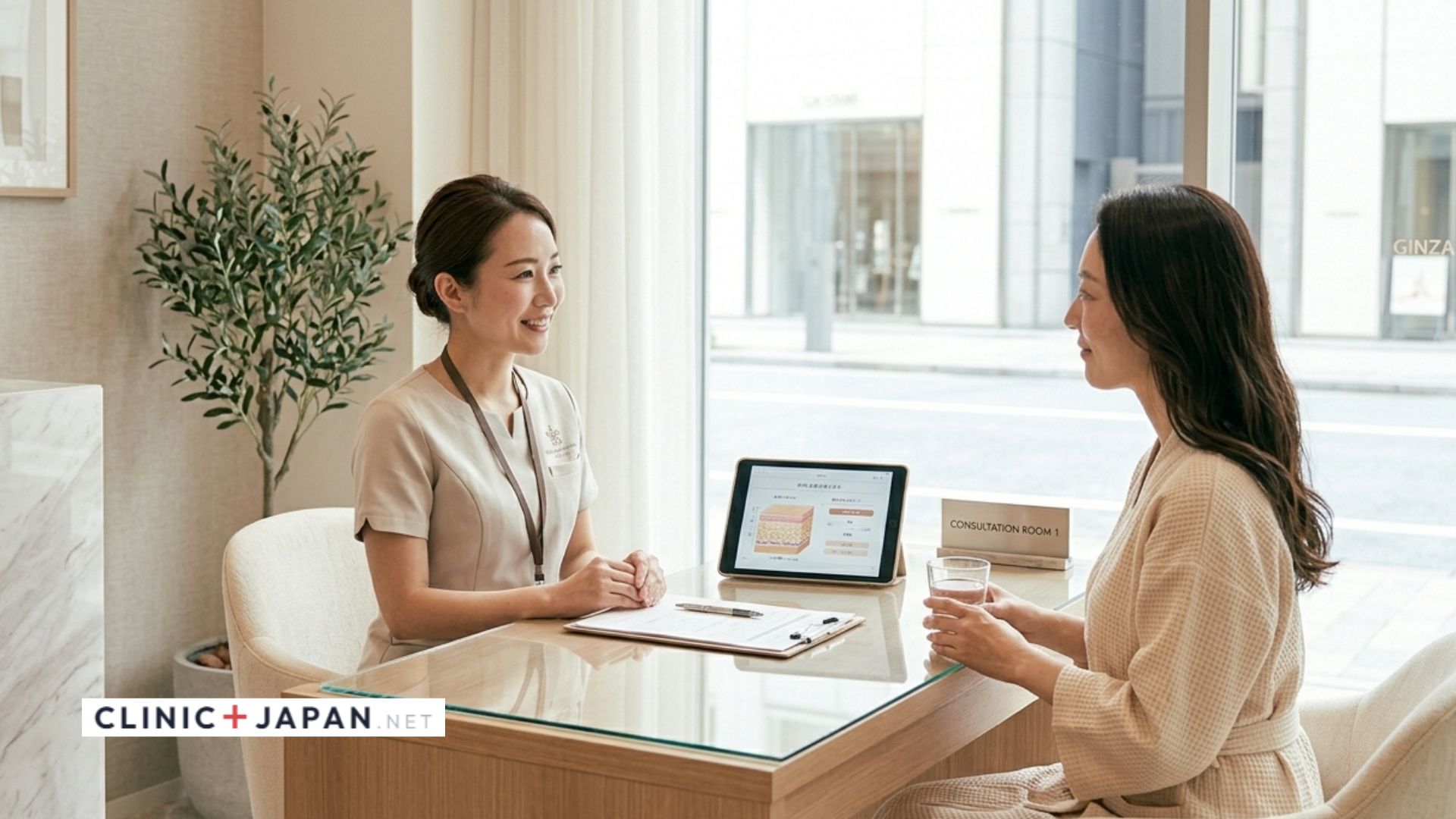 美容クリニックのカウンセリング — 医師と相談する女性