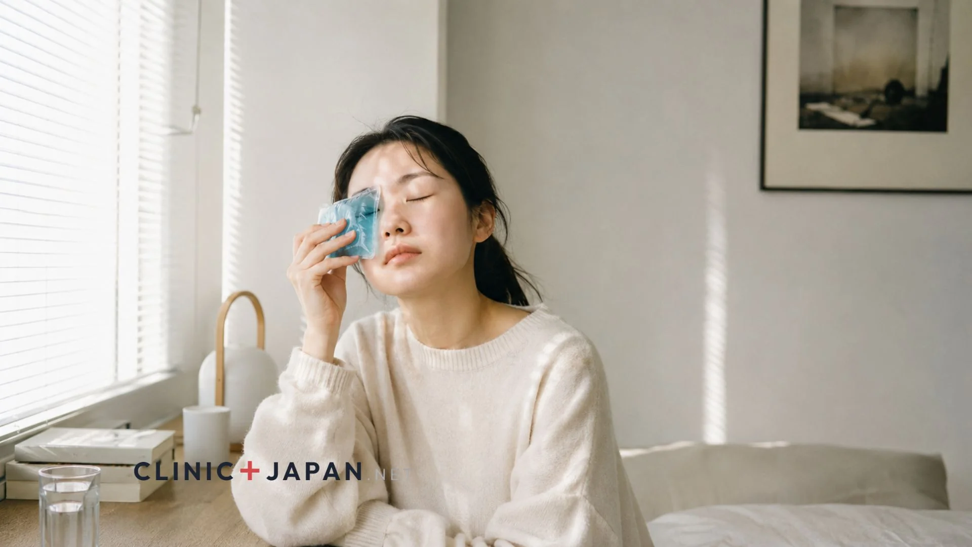 目元に冷却ジェルパックをそっと当てる女性 — 二重整形ダウンタイム初日の様子