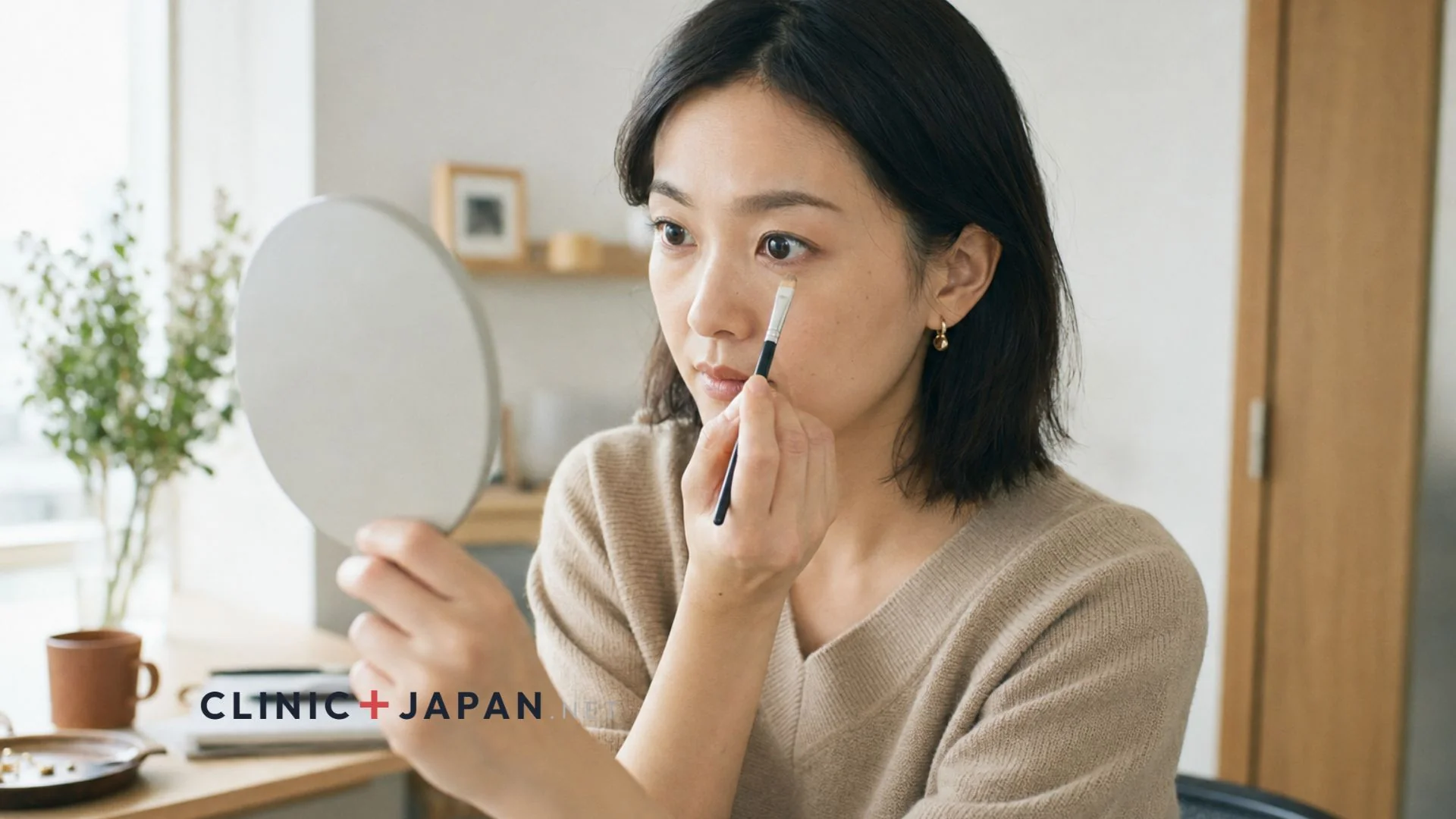 コンシーラーで目元を整える女性 — ダウンタイム中の仕事復帰メイクと隠し方