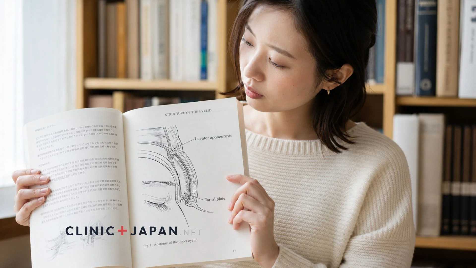 解剖学テキストを開いて学ぶ女性 — まぶた5層構造と切開法の理解