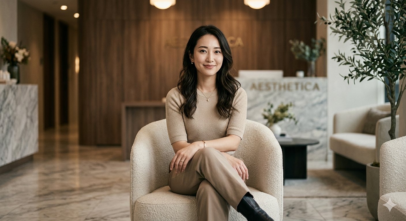 美容クリニックで情報を確認する女性