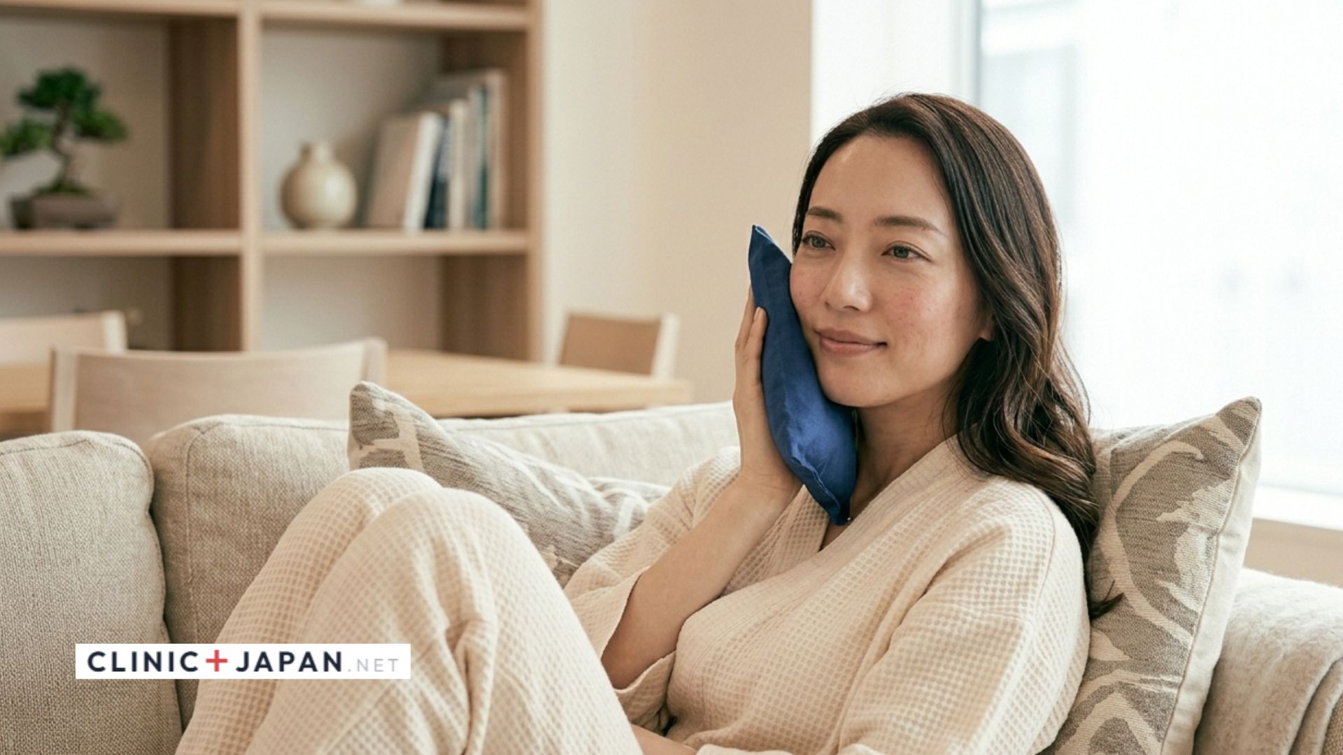 糸リフト後の回復 — 自宅で安静にする女性