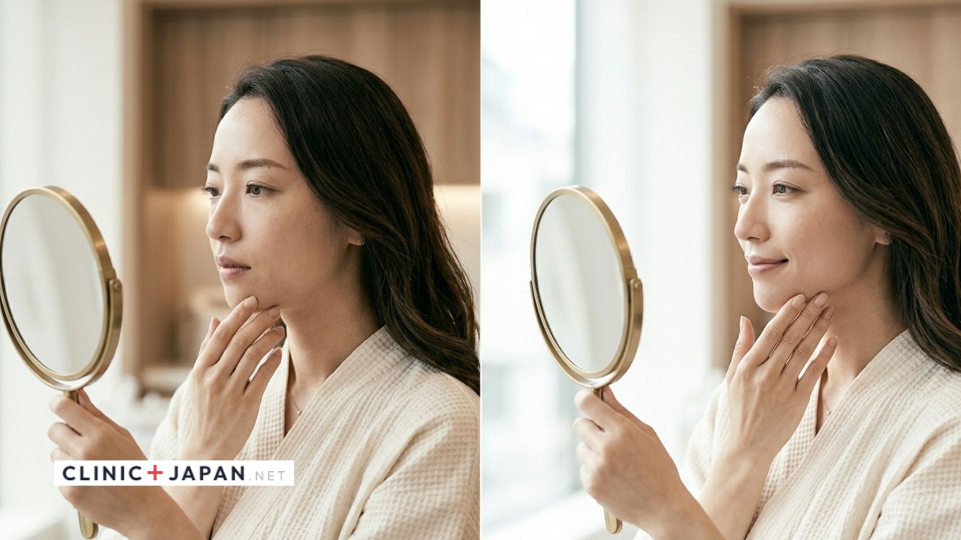 糸リフトの効果 — フェイスラインの変化を鏡で確認する女性