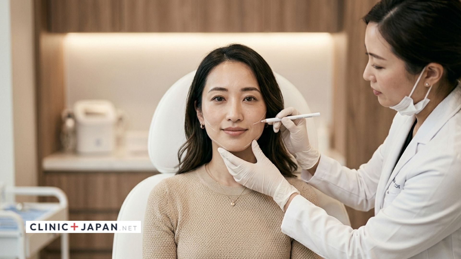 糸リフトのカウンセリング — 医師がフェイスラインにマーキングしている様子