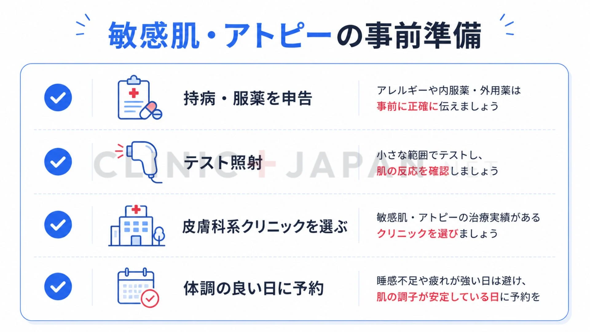 敏感肌・アトピーの人が施術前に申告・準備すべき項目を示したチェック図解