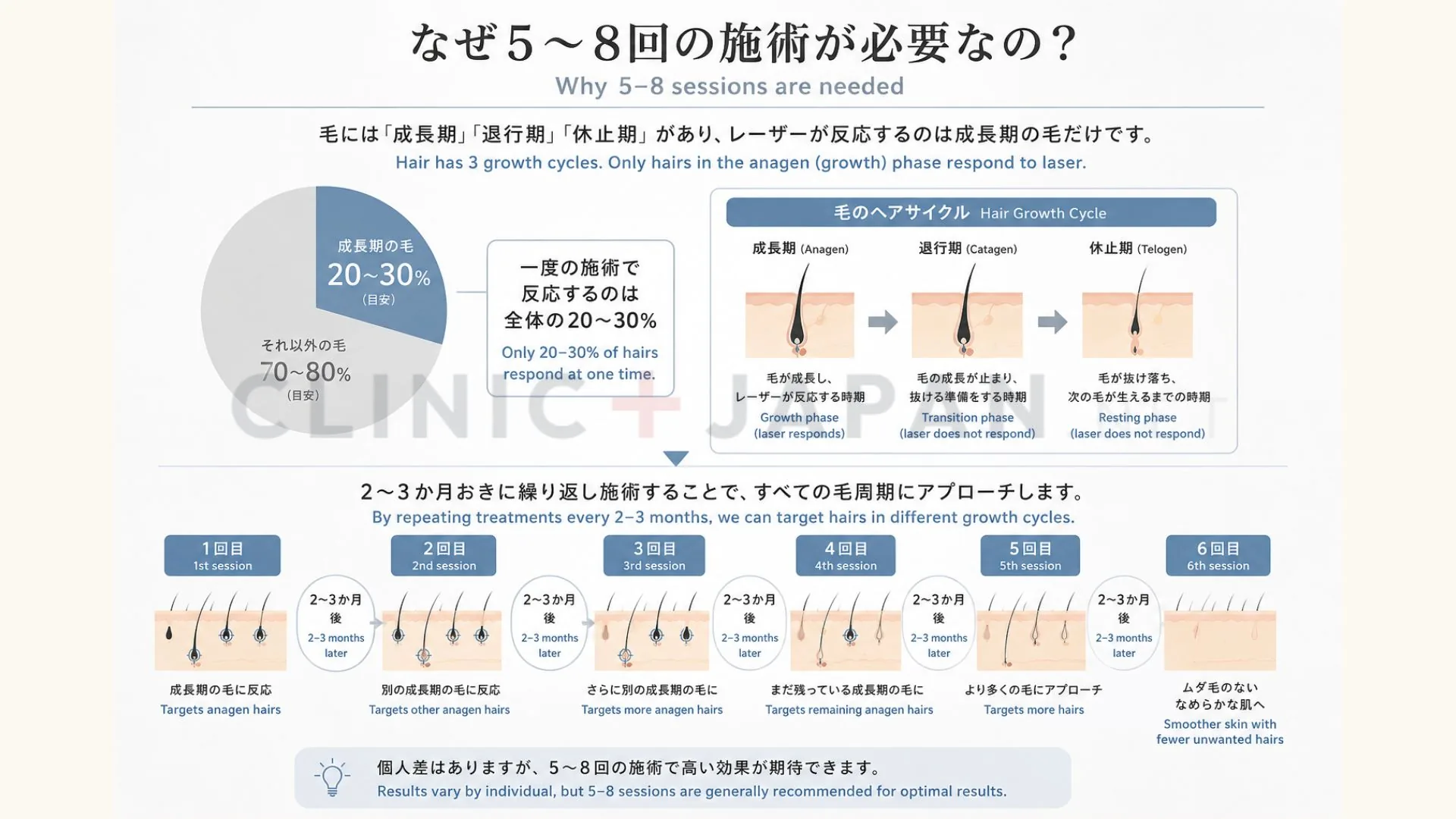 医療脱毛で5〜8回が必要な理由 — 毛周期（成長期・退行期・休止期）と施術回数の関係
