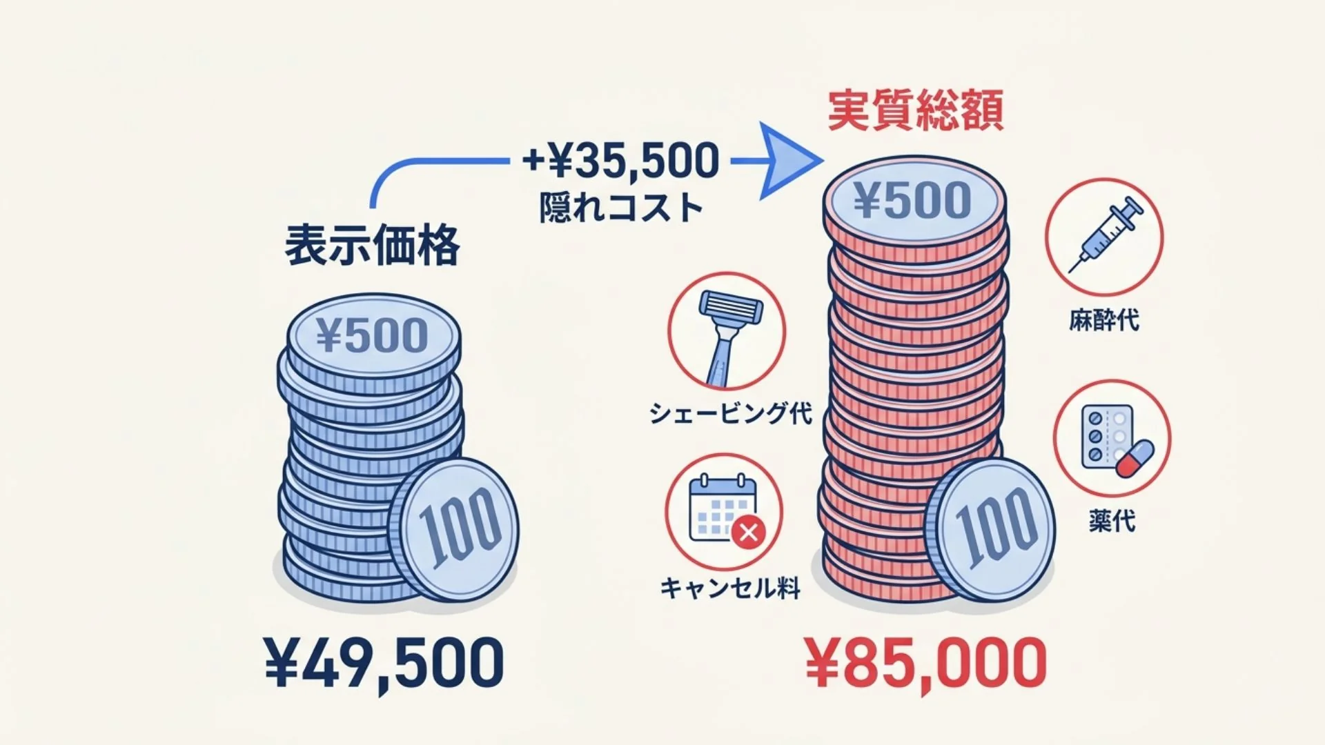 医療脱毛の料金内訳イメージ — 表示価格と追加費用の差