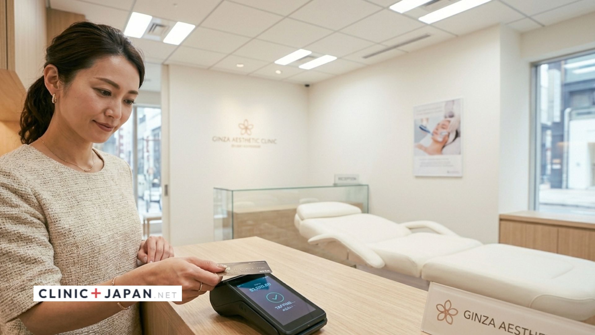 美容クリニックの受付でカード決済する場面