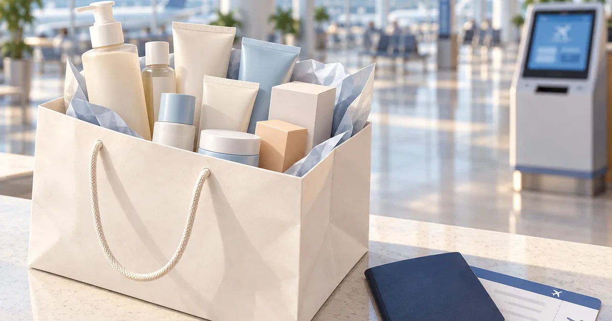 A shopping bag of Japanese skincare and sunscreen next to a passport and a boarding pass at an airport, with a tax-free kiosk screen in soft focus behind