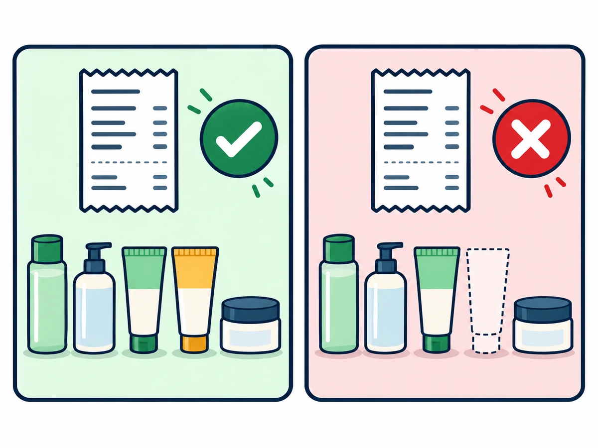 Illustration of two tax-free receipts: on the left, a receipt with all its skincare items present and a green tick; on the right, an identical receipt with one opened sunscreen missing and the whole receipt crossed out in red