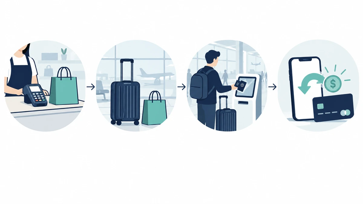 Four-step illustration of Japan's new tax-free refund system: paying the full price at a shop counter, carrying the shopping bag through the trip, scanning a passport at an airport kiosk before check-in, and receiving the tax back on a phone or card