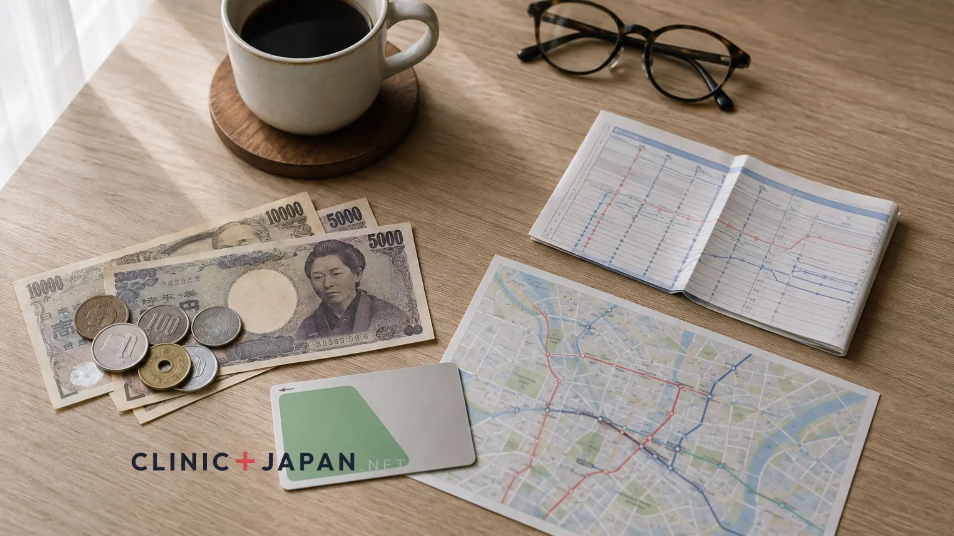 A traveller's table with a Japanese IC transit card, yen banknotes and coins, a rail timetable and a folded city map