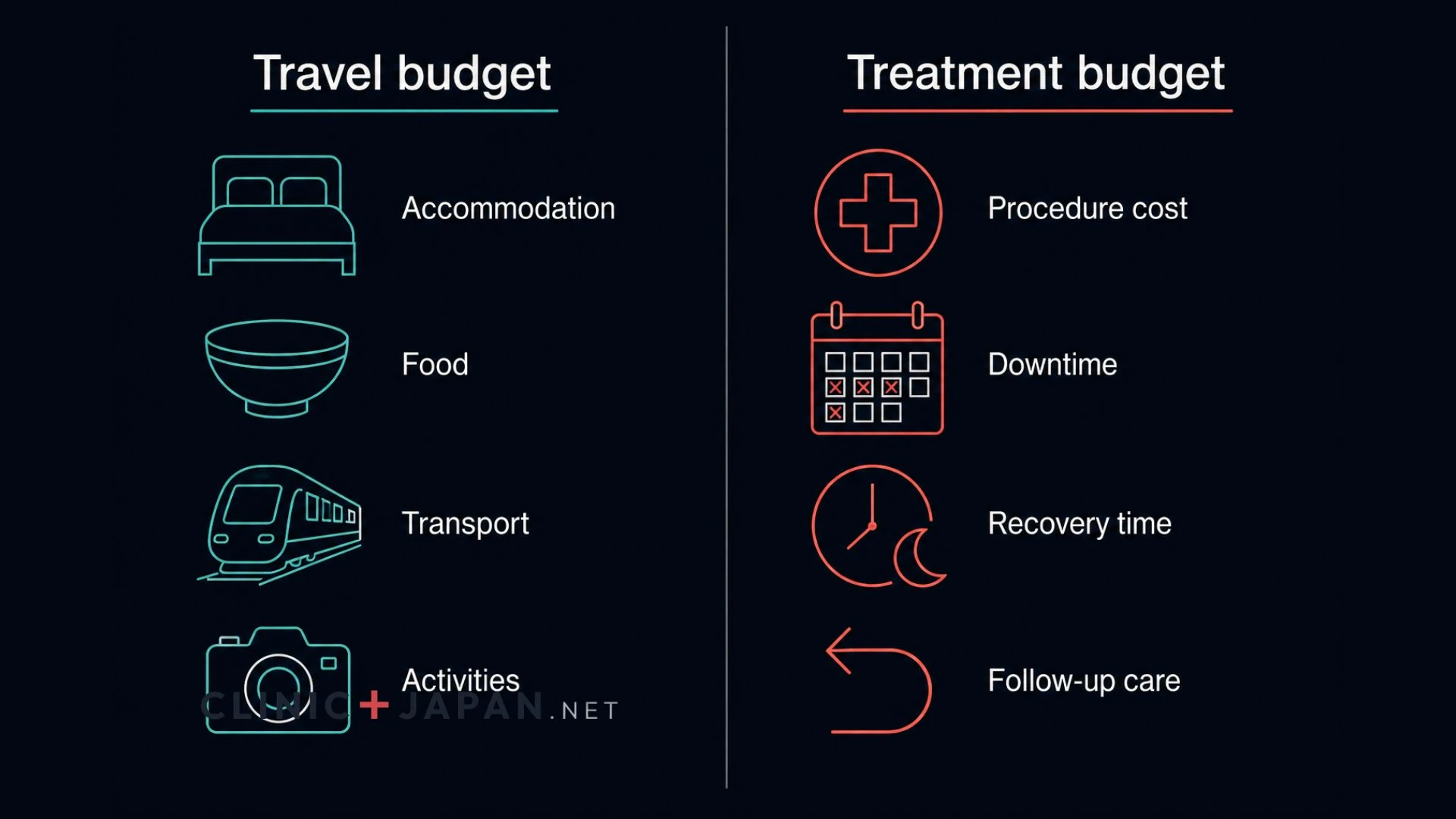 Diagram separating a Japan travel budget from a treatment budget, showing which line items scale with travel style and which do not