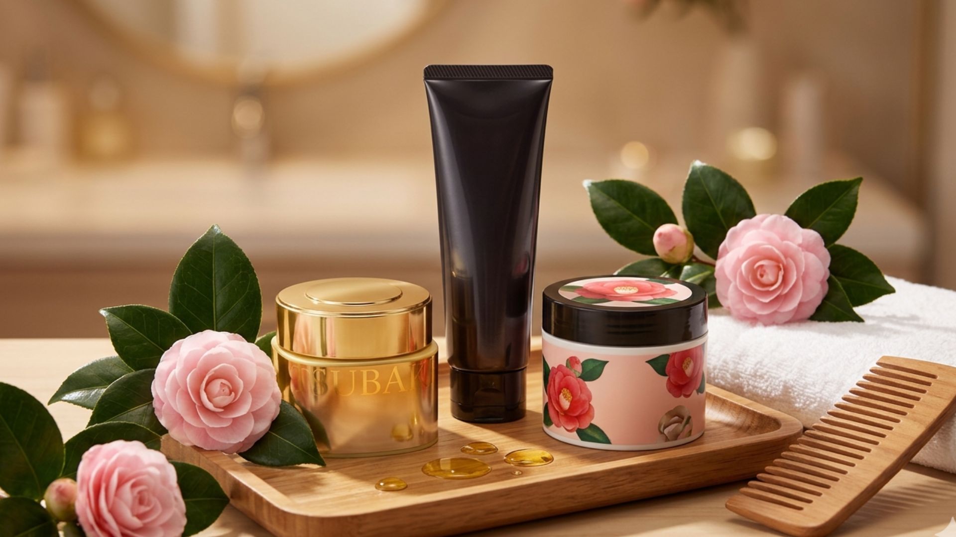 Japanese hair treatment products — Fino Premium Touch Hair Mask, Tsubaki Premium Repair Mask, and Yolu Night Repair arranged with camellia flowers