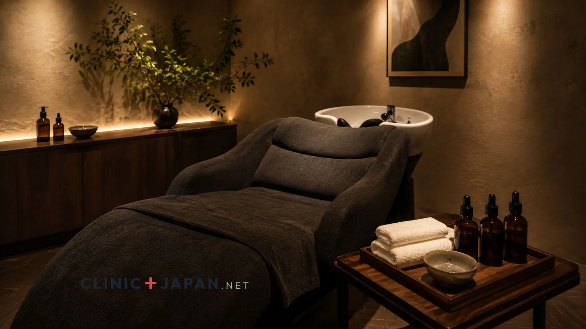 A private head spa treatment room with a reclining basin chair, warm towels and scalp-care serums arranged on a side table