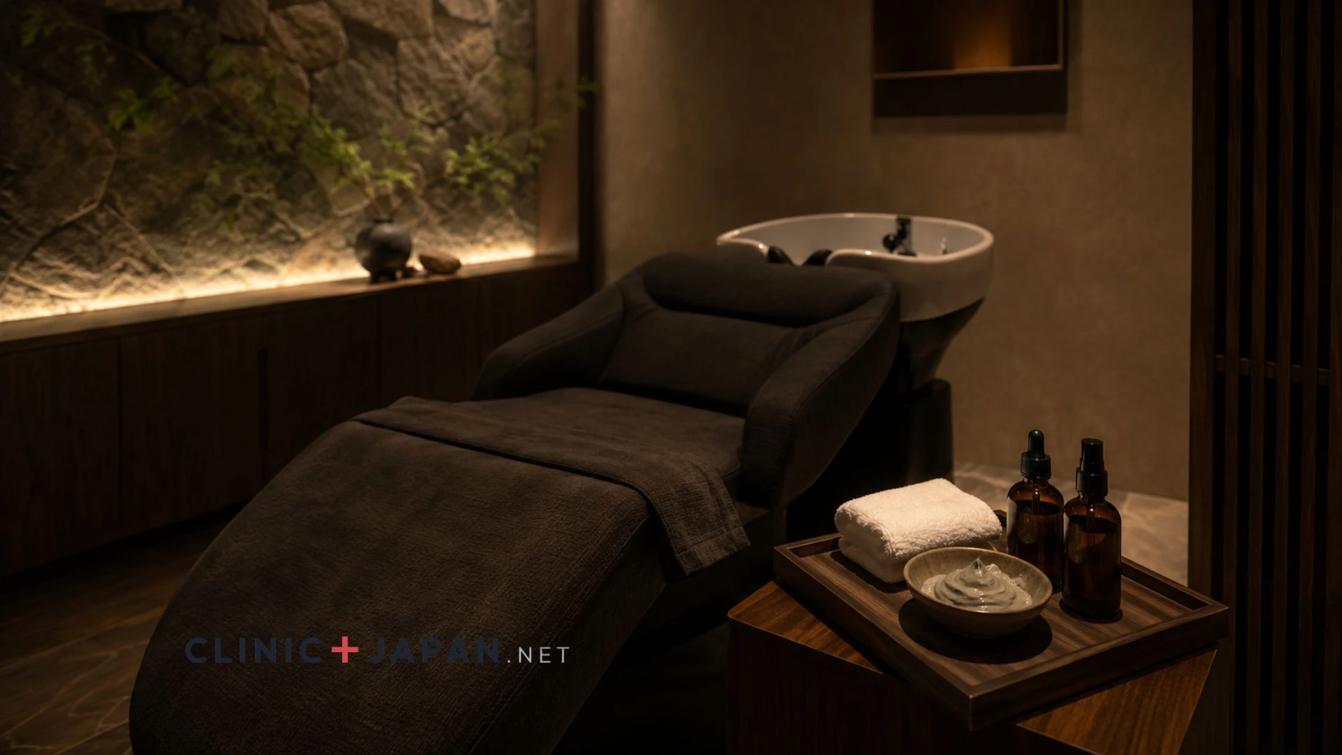 A reclining shampoo chair in a dimly lit private Japanese head spa room, warm towels folded beside a scalp-care product tray