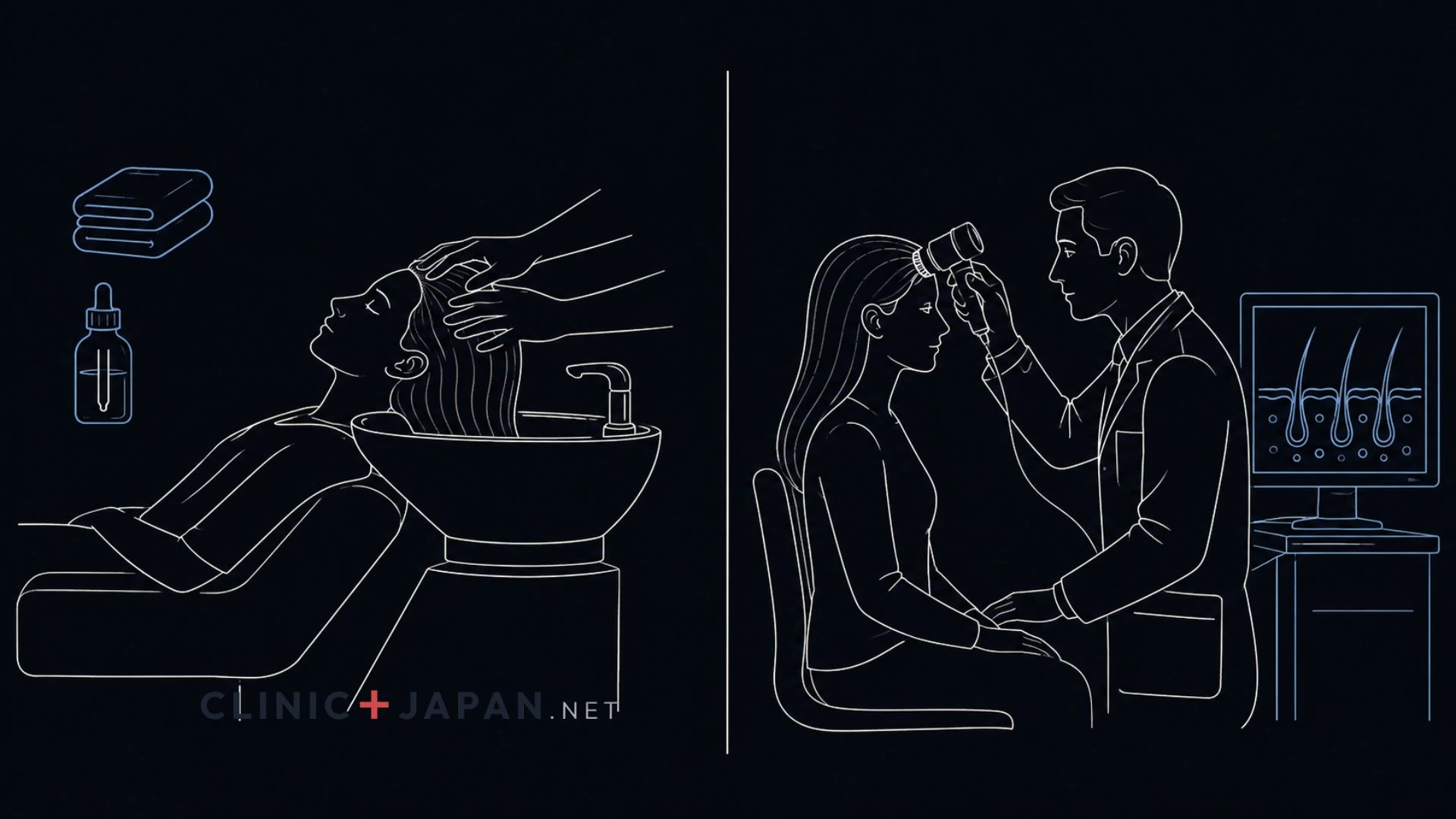 Side-by-side comparison illustration: a salon head spa chair on the left and a dermatology clinic scalp examination on the right