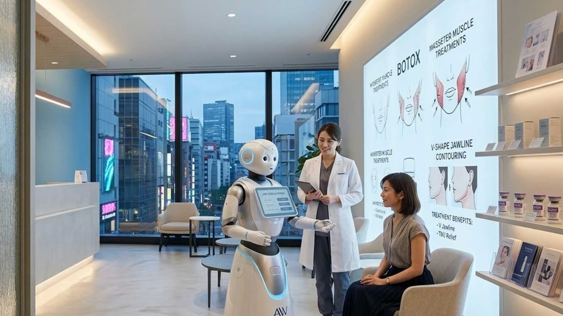 Interior of a Tokyo aesthetic clinic specializing in facial contouring and jaw slimming treatments