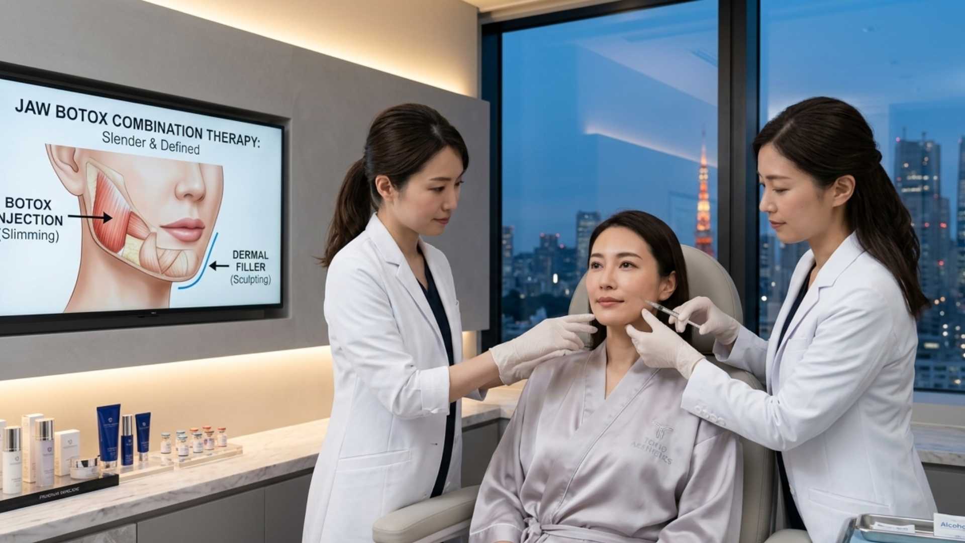 Illustration of jaw slimming combination — Botox plus chin filler for V-line facial contouring