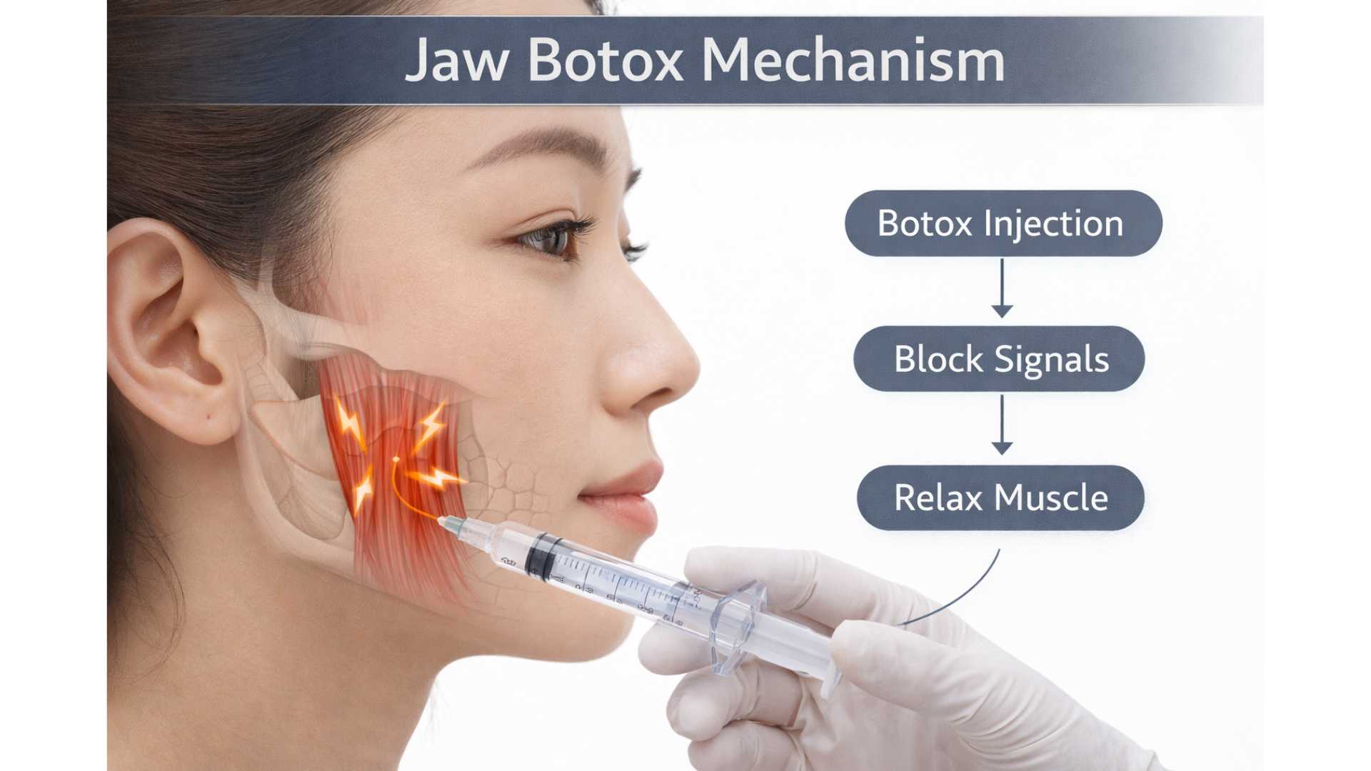 Medical illustration showing masseter muscle and Botox injection points for jaw slimming